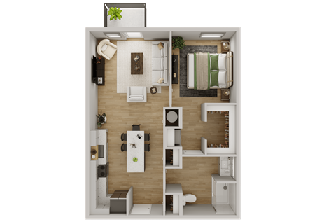 a 3d rendering of a bedroom and living room with a wood floor